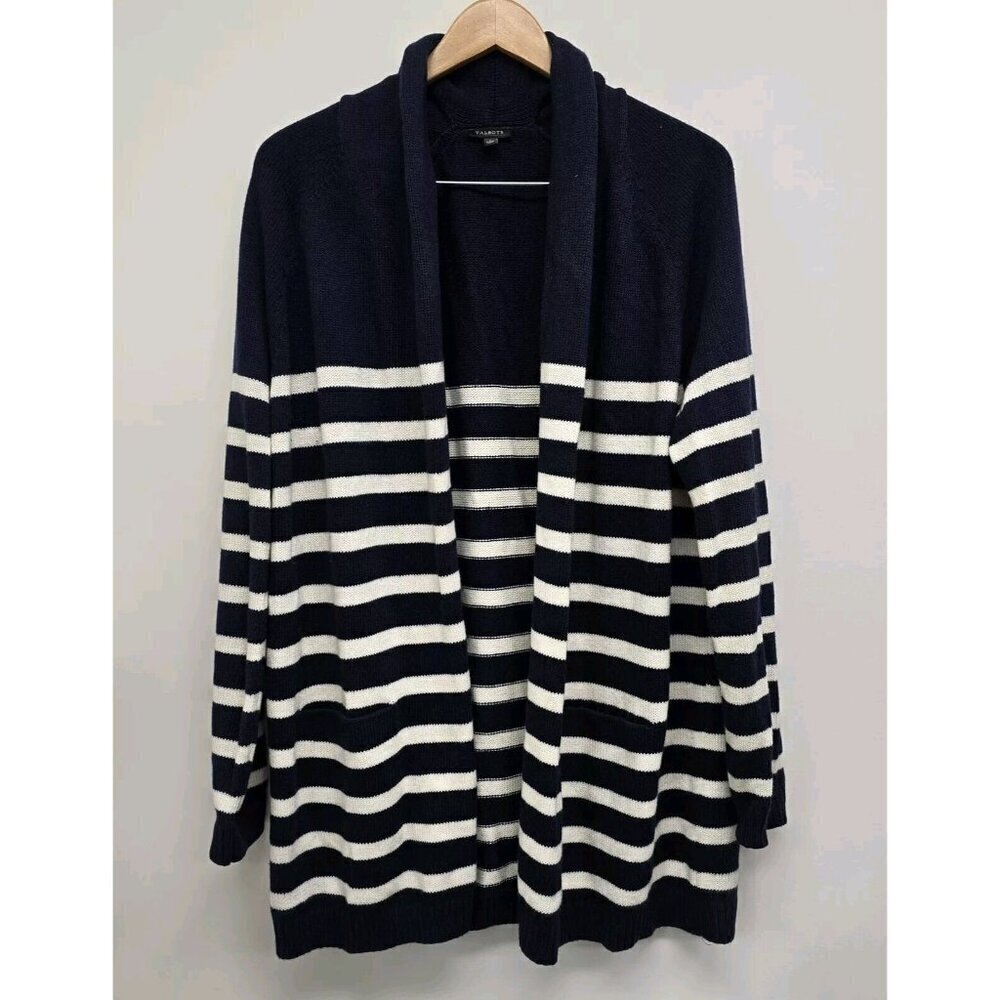 Talbots Open Front Cardigan Sweater Large Navy And Cream Striped Cashmere Blend